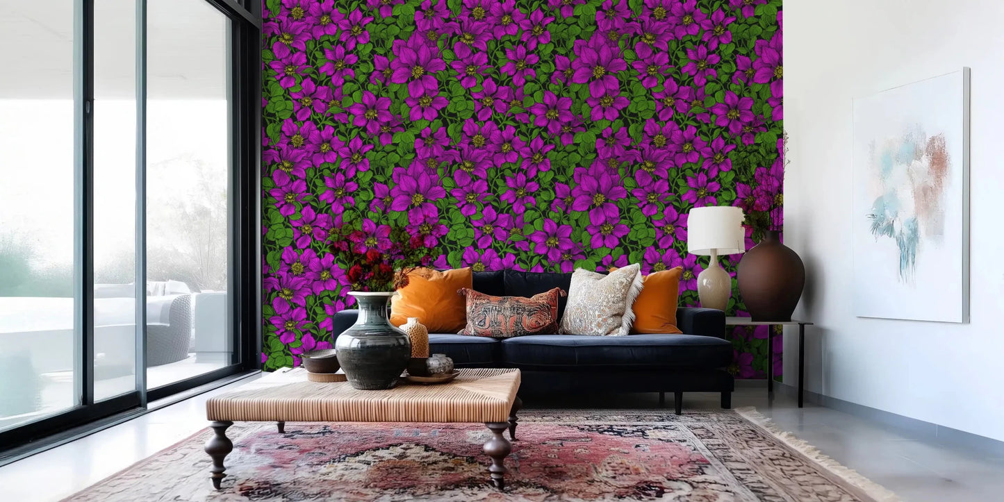 Yellow starburst centres anchor every bloom in Pink Clematis wallpaper.GD9572