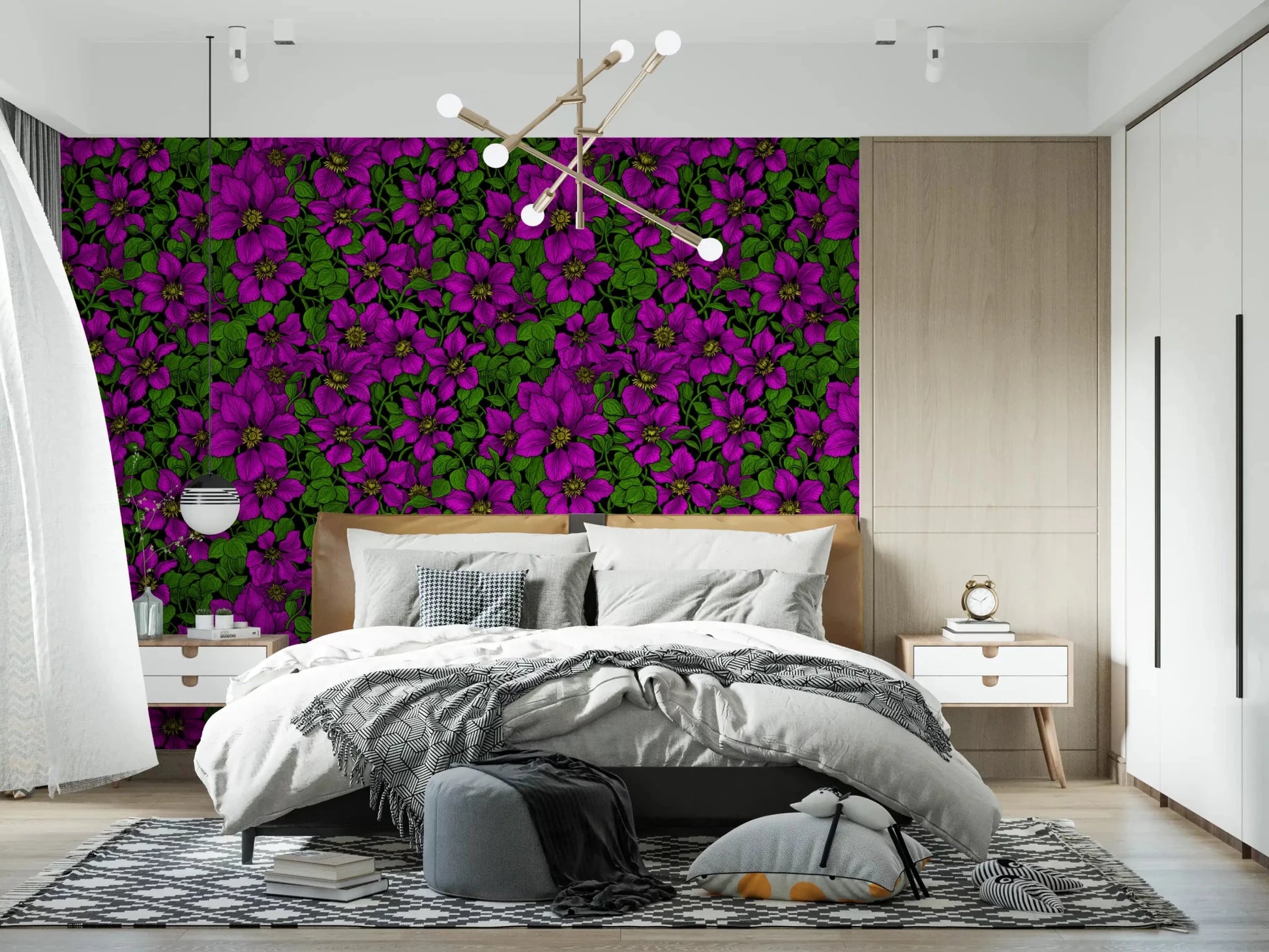 A bedroom feels theatrical under Pink Clematis Vine wallpaper in bold green and pink.GD9572