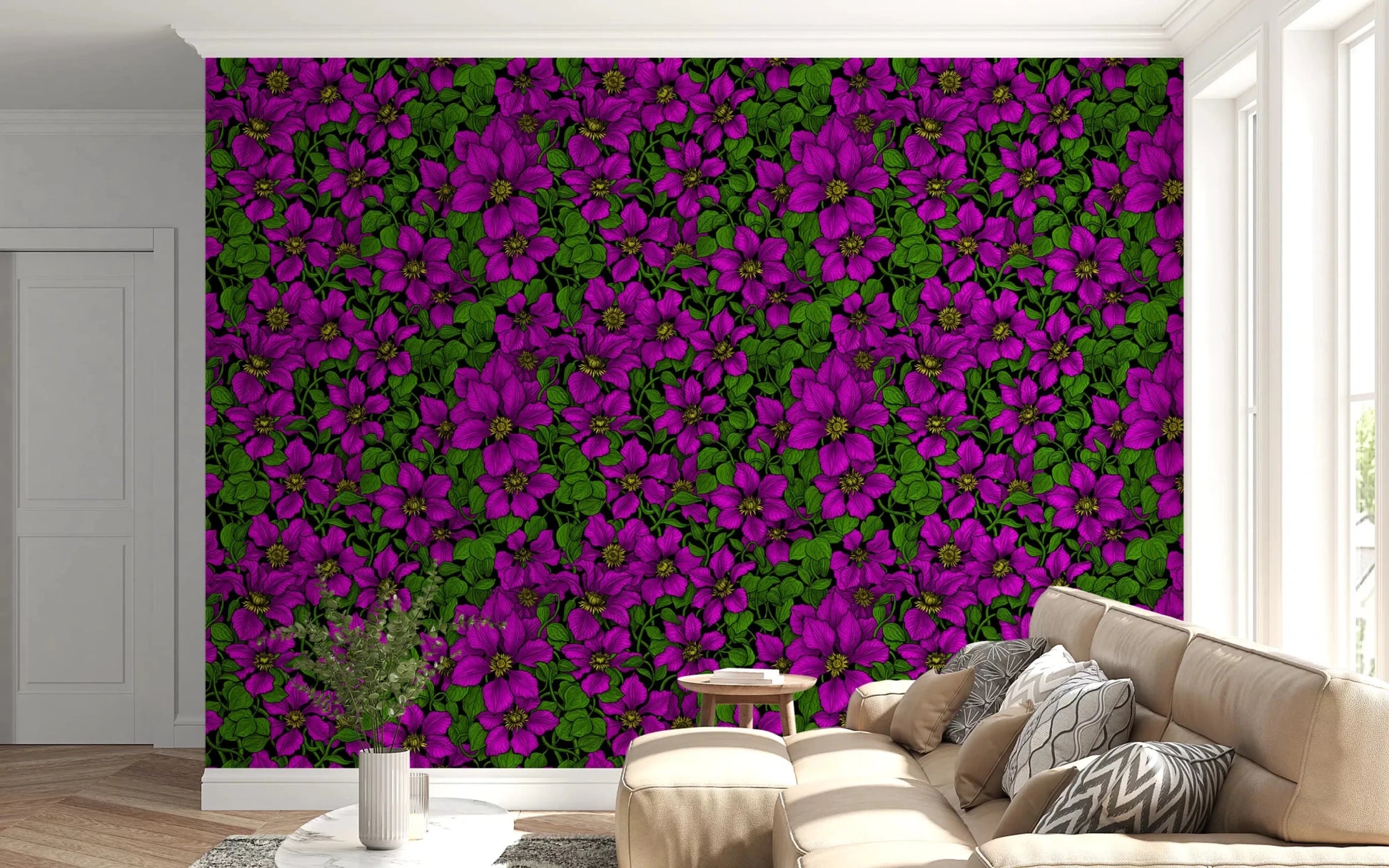 Vibrant magenta petals fan out across Pink Clematis Vine wallpaper.GD9572