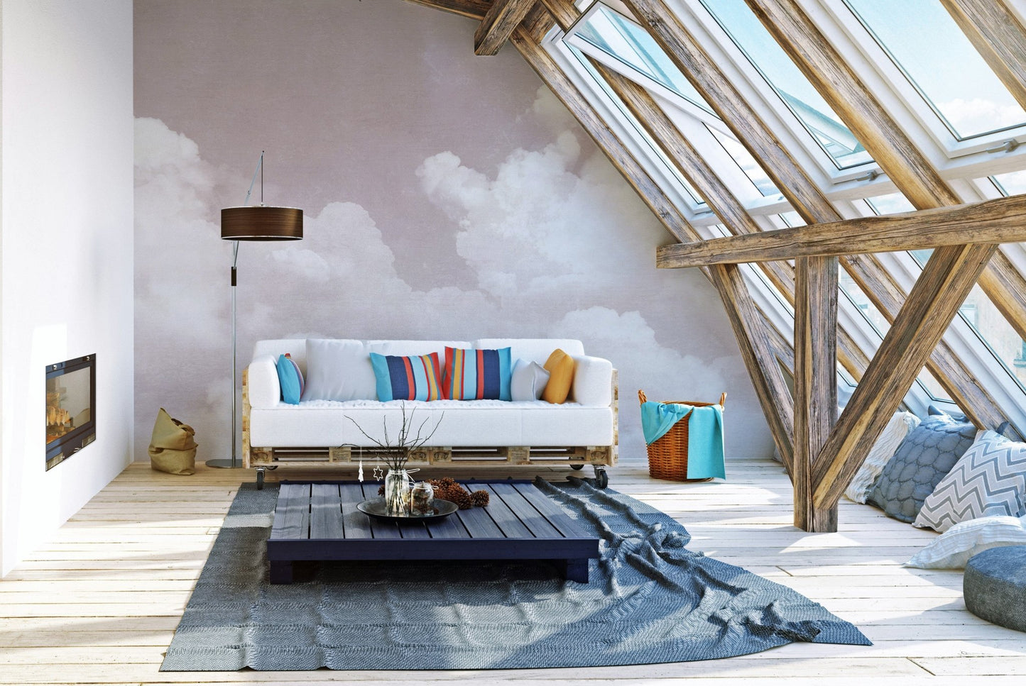 Cloud-themed wallpaper mural in pink tones, C133