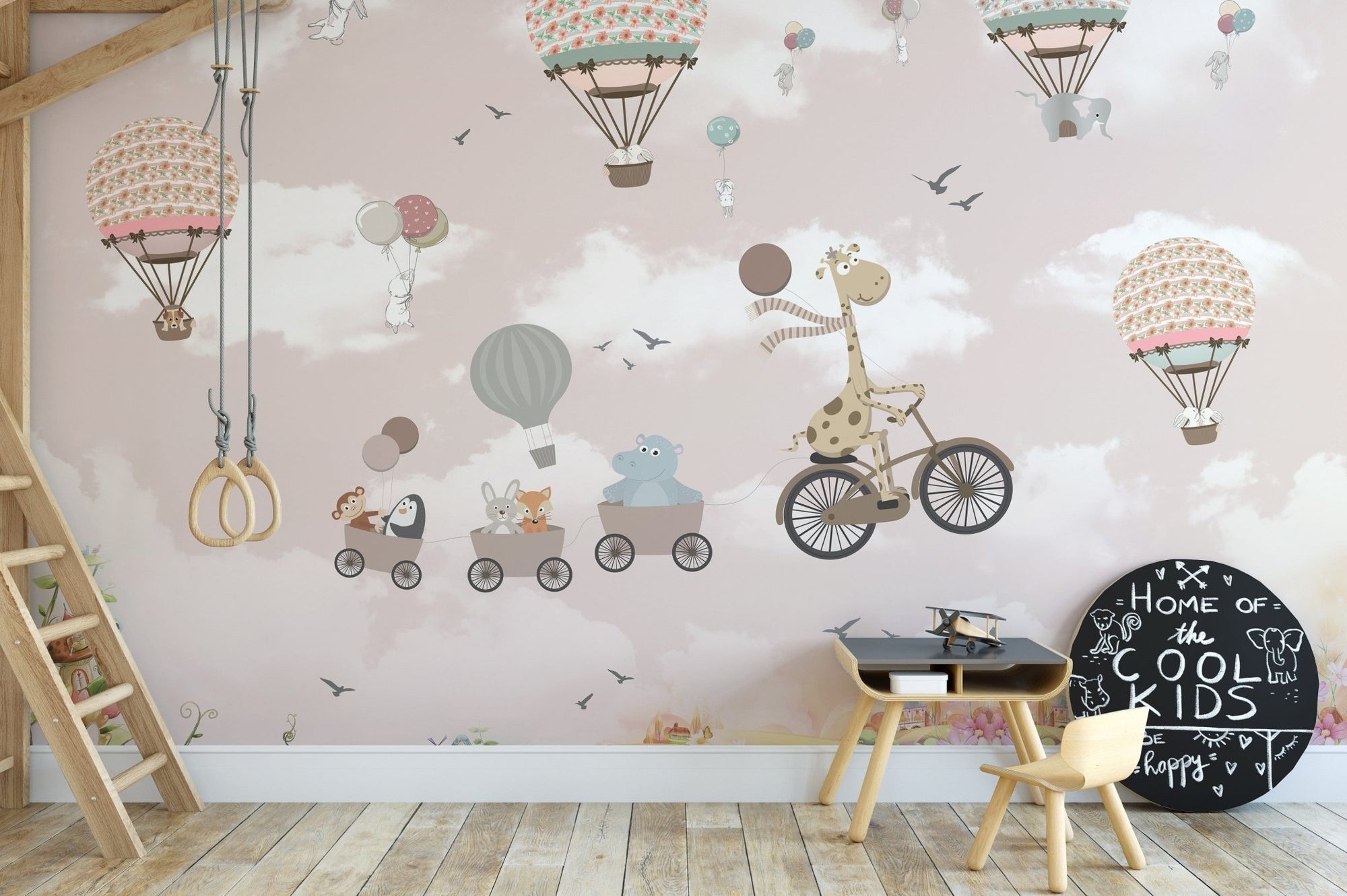 Pink sky wallpaper mural with safari animals in hot air balloons. A612
 
