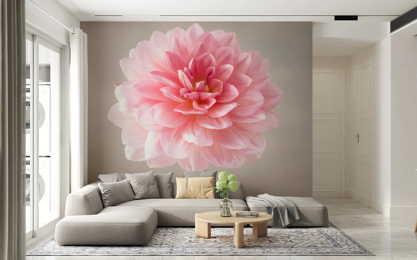 Living room with Pink Dahlia wall mural floral close-up, GD8768