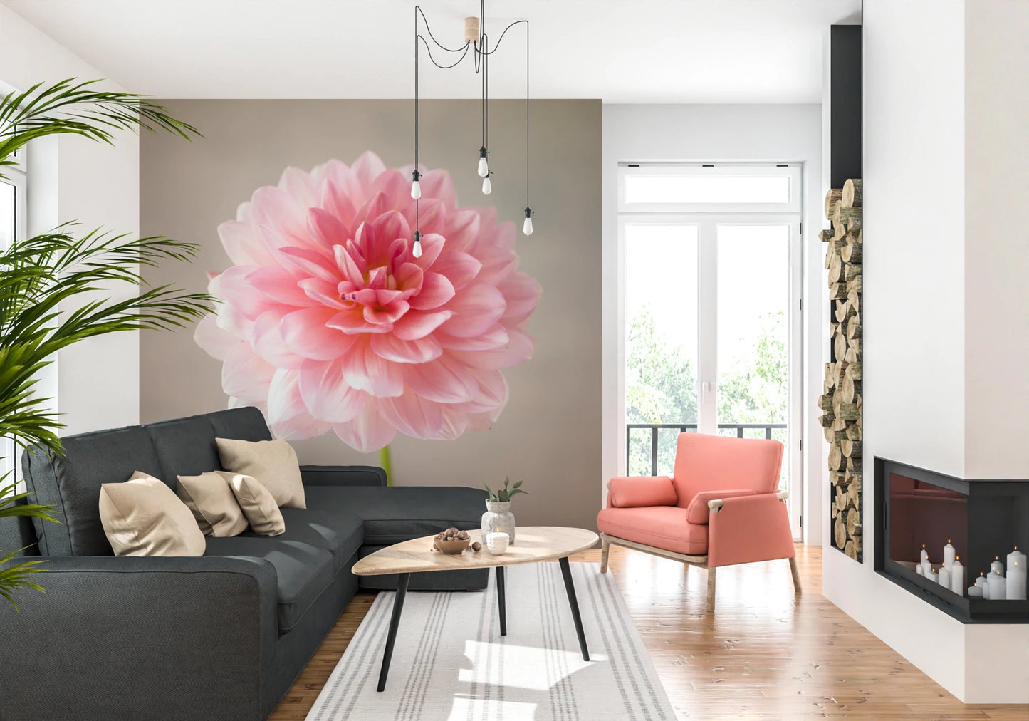 Living room styled with Pink Dahlia wall mural bloom detail, GD8768