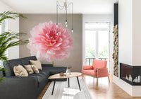 Living room styled with Pink Dahlia wall mural bloom detail, GD8768