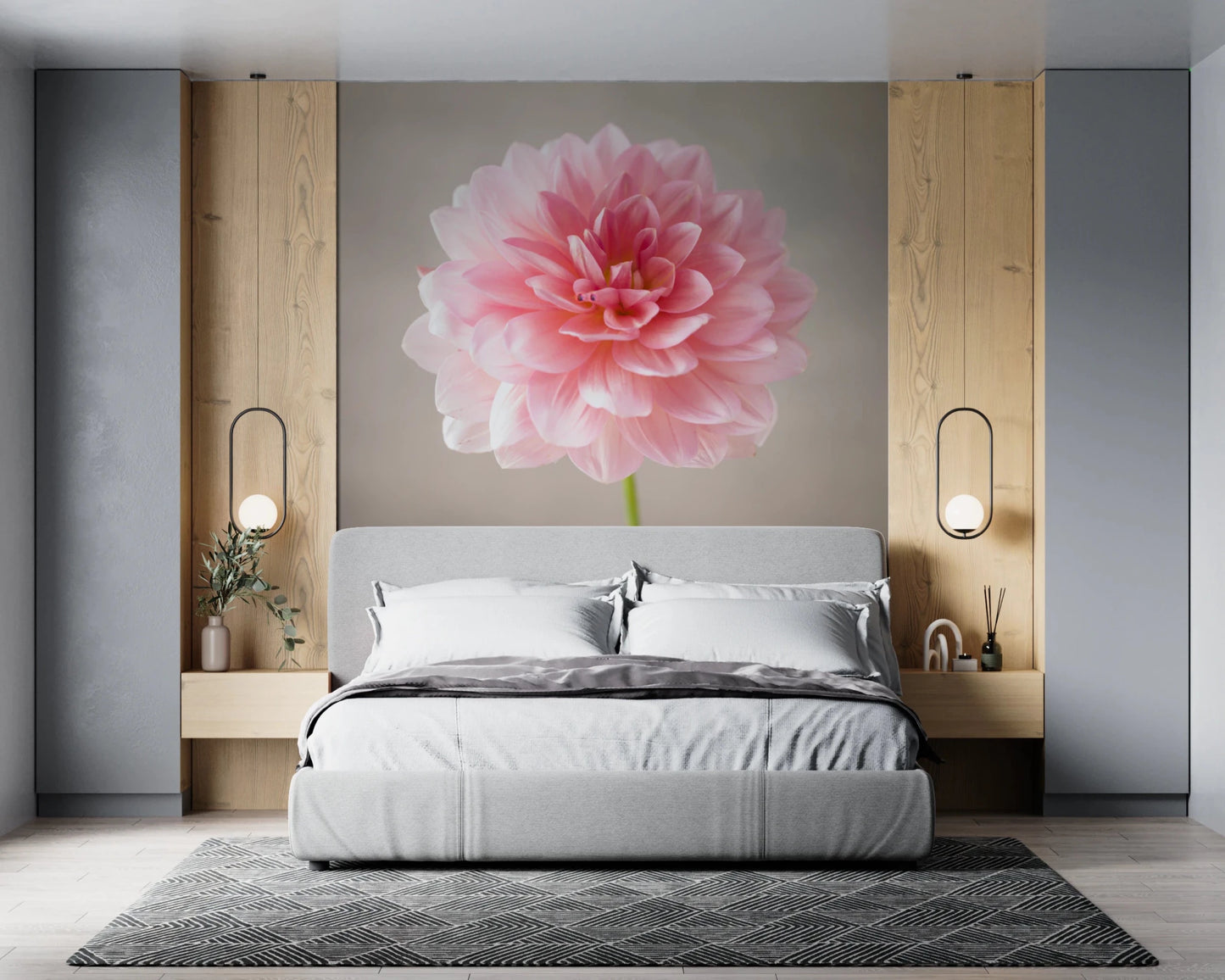 Bedroom featuring Pink Dahlia wall mural with blush petals, GD8768