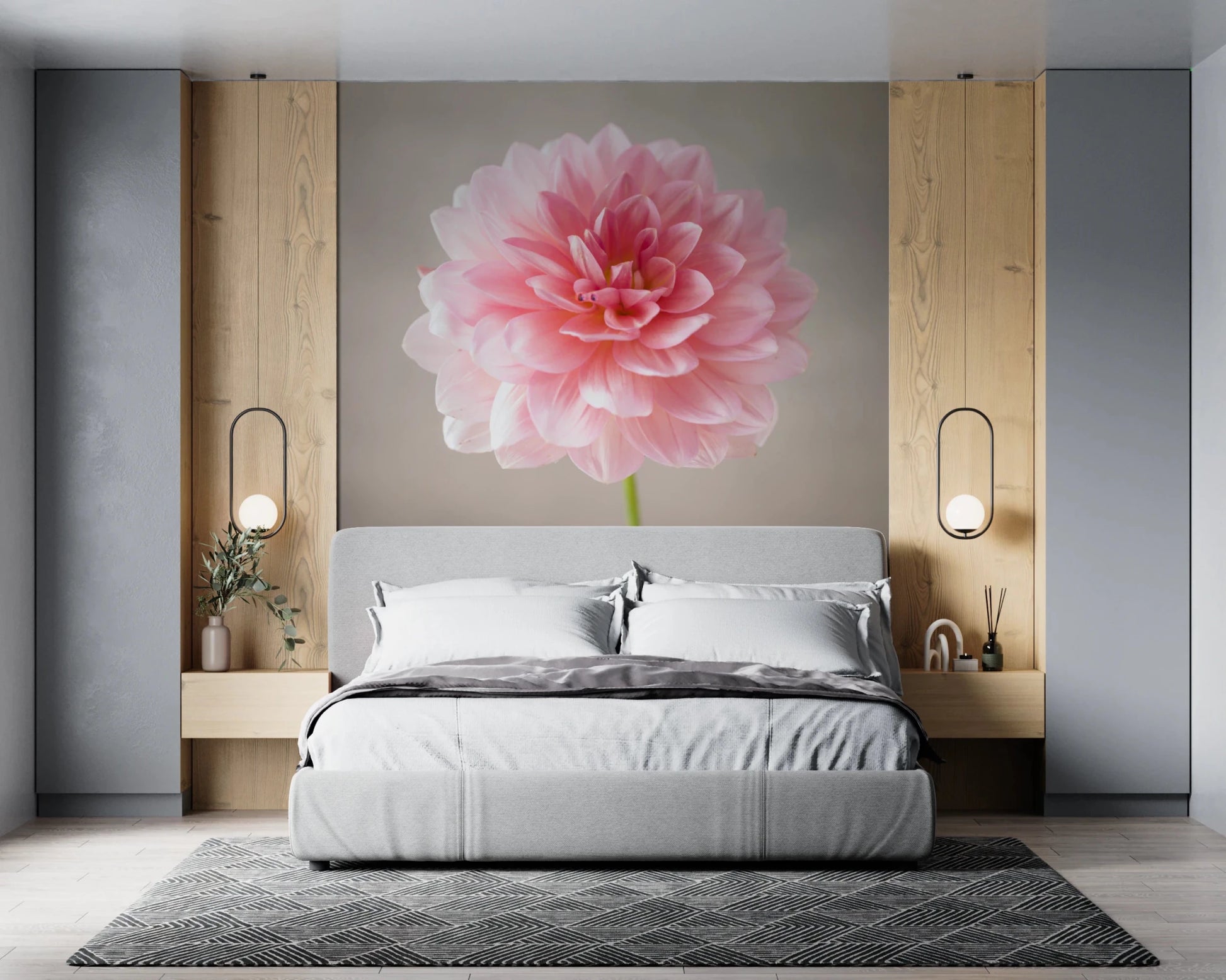 Bedroom featuring Pink Dahlia wall mural with blush petals, GD8768