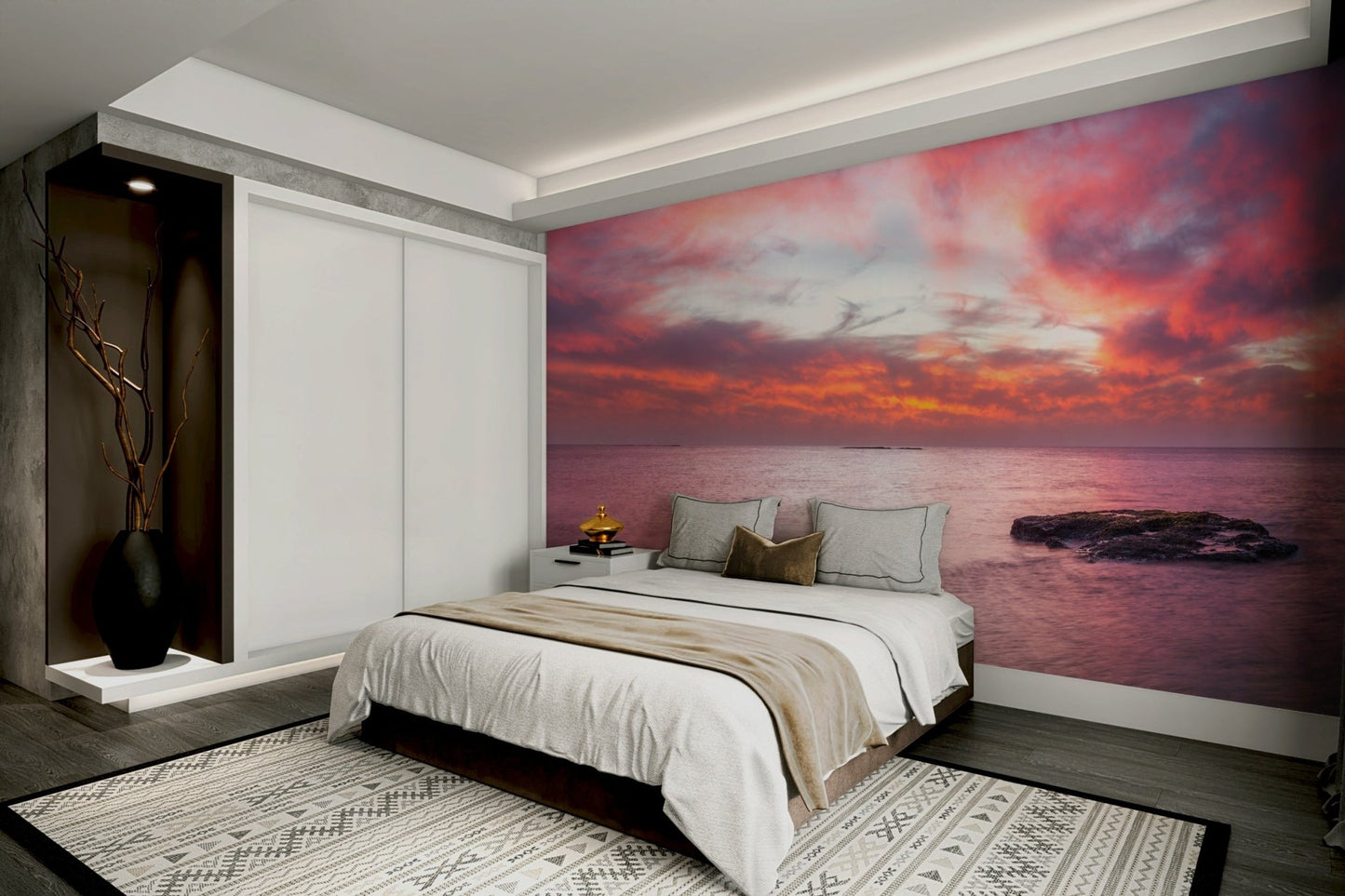 The water is calm and reflects the light.

