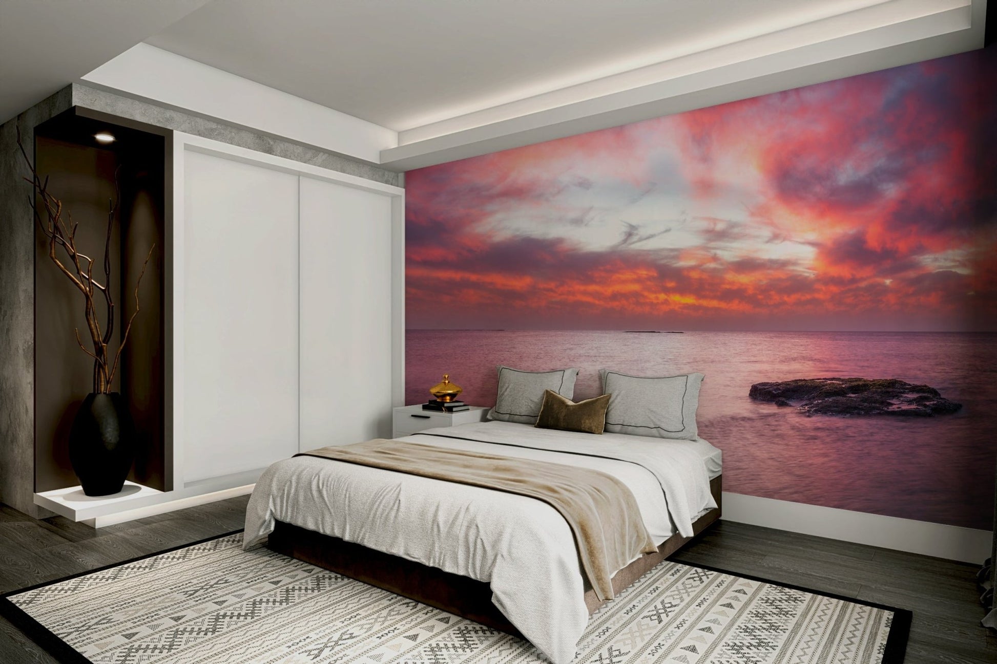 The water is calm and reflects the light.

