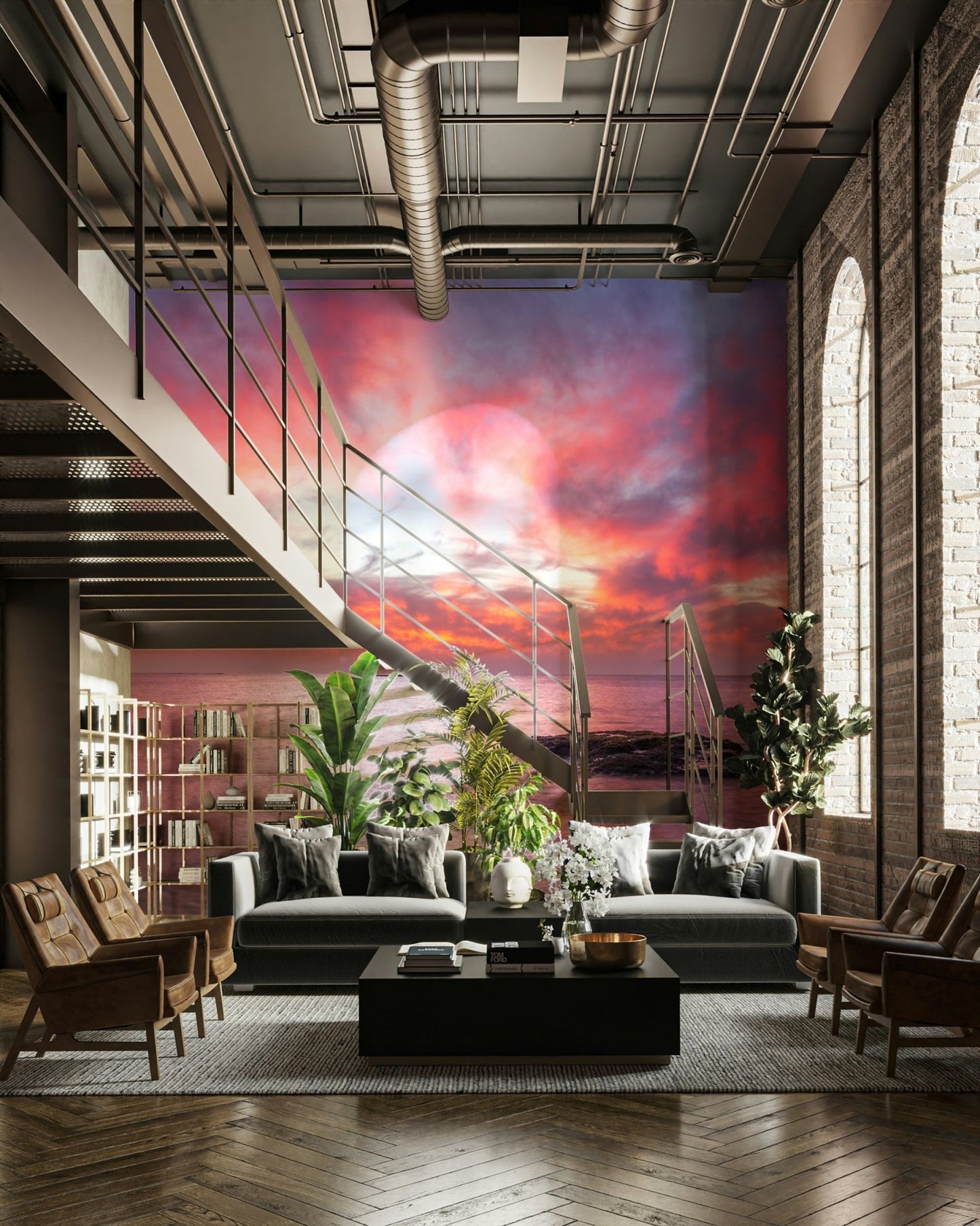 The sky is filled with soft pink and orange colors.

