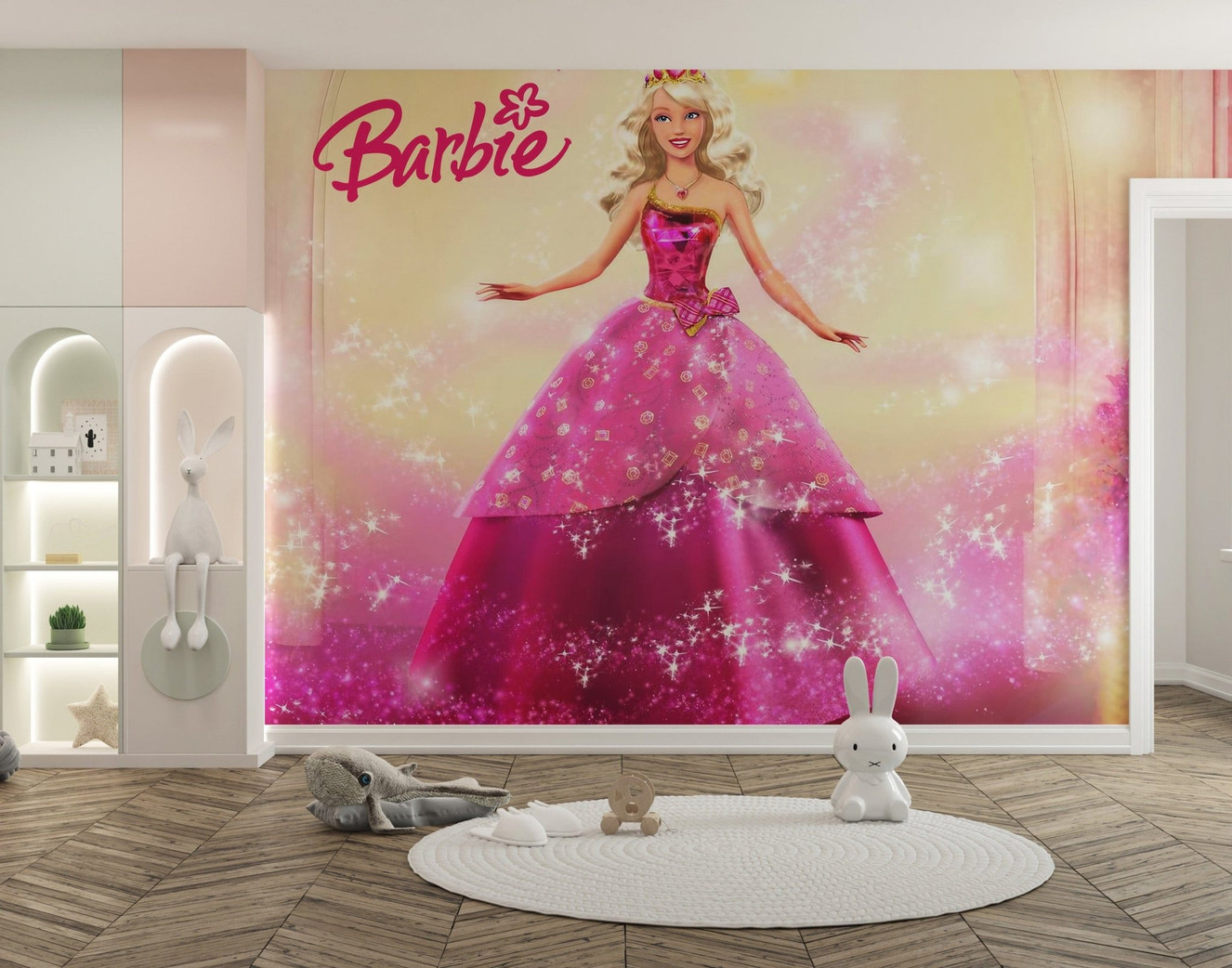 Pink dress Barbie wallpaper mural for kids' rooms
