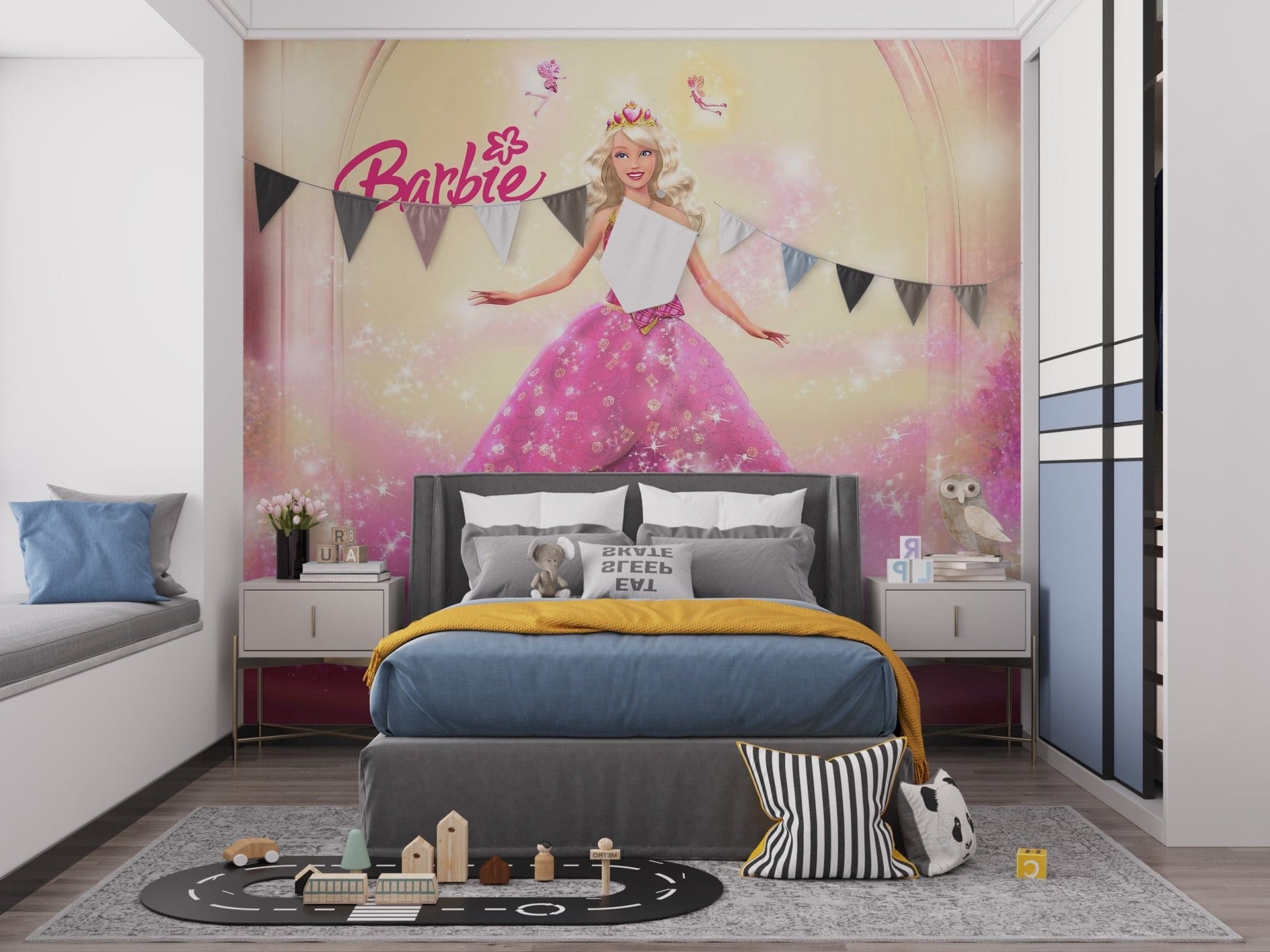 Vibrant Barbie pink dress mural for children's walls

