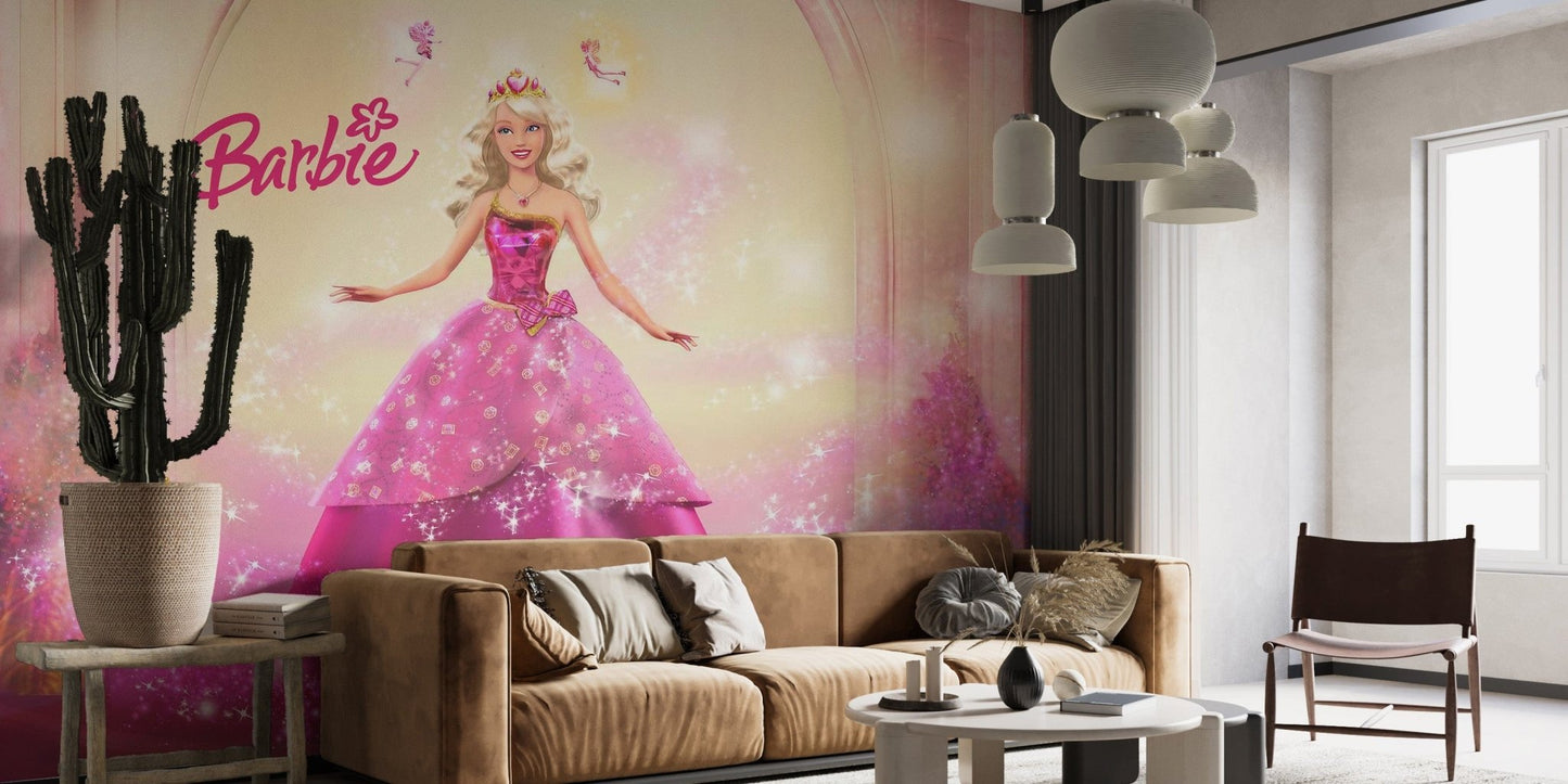 Artistic pink dress Barbie wall mural design
