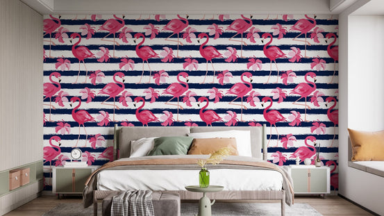 Blue Stripes & Pink Flamingo Wallpaper - Giffywalls B058