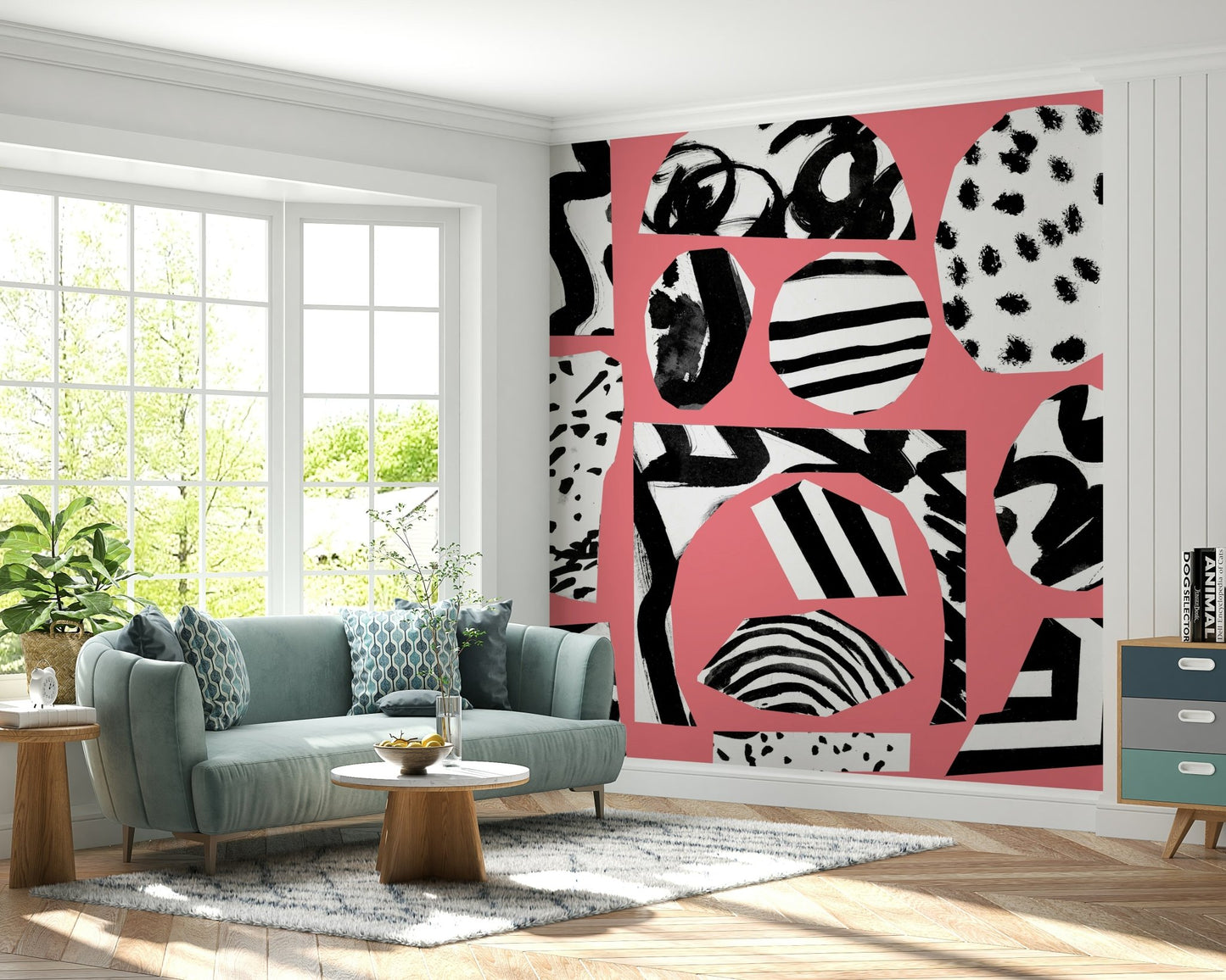 A peaceful exotic bird mural on decorative wallpaper.