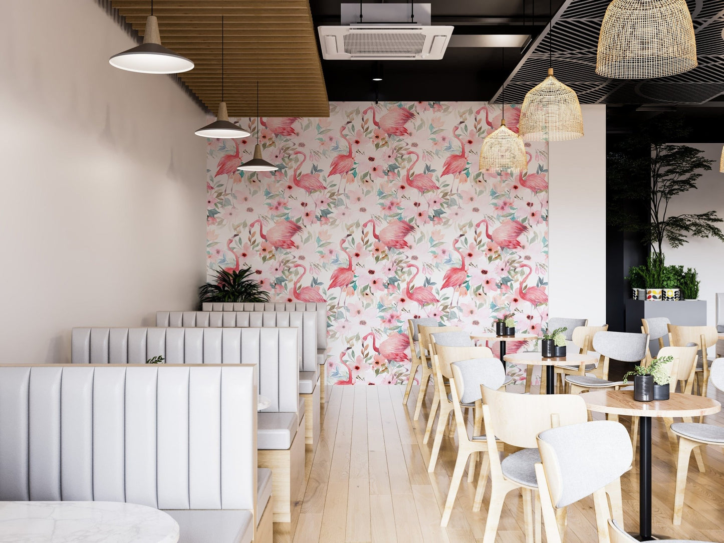 Minimalist pink flamingo wallpaper look
