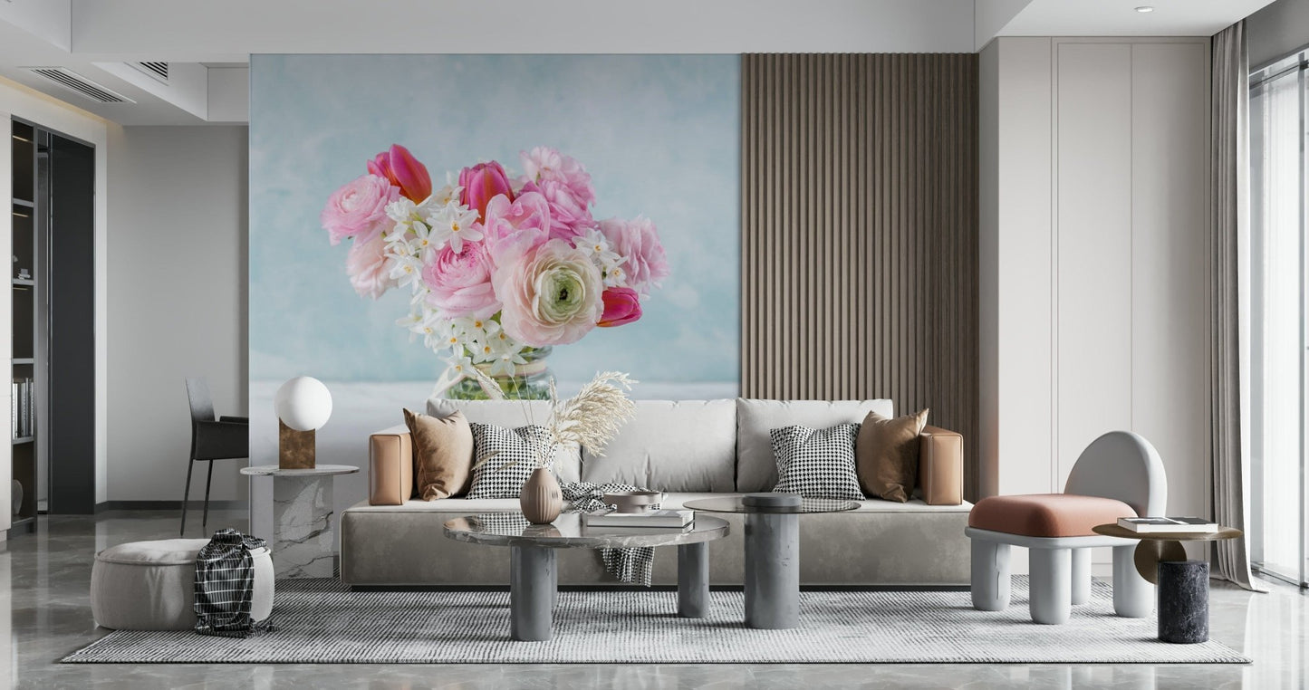 Large scale pink blossoms wallpaper for a sophisticated hallway interior.