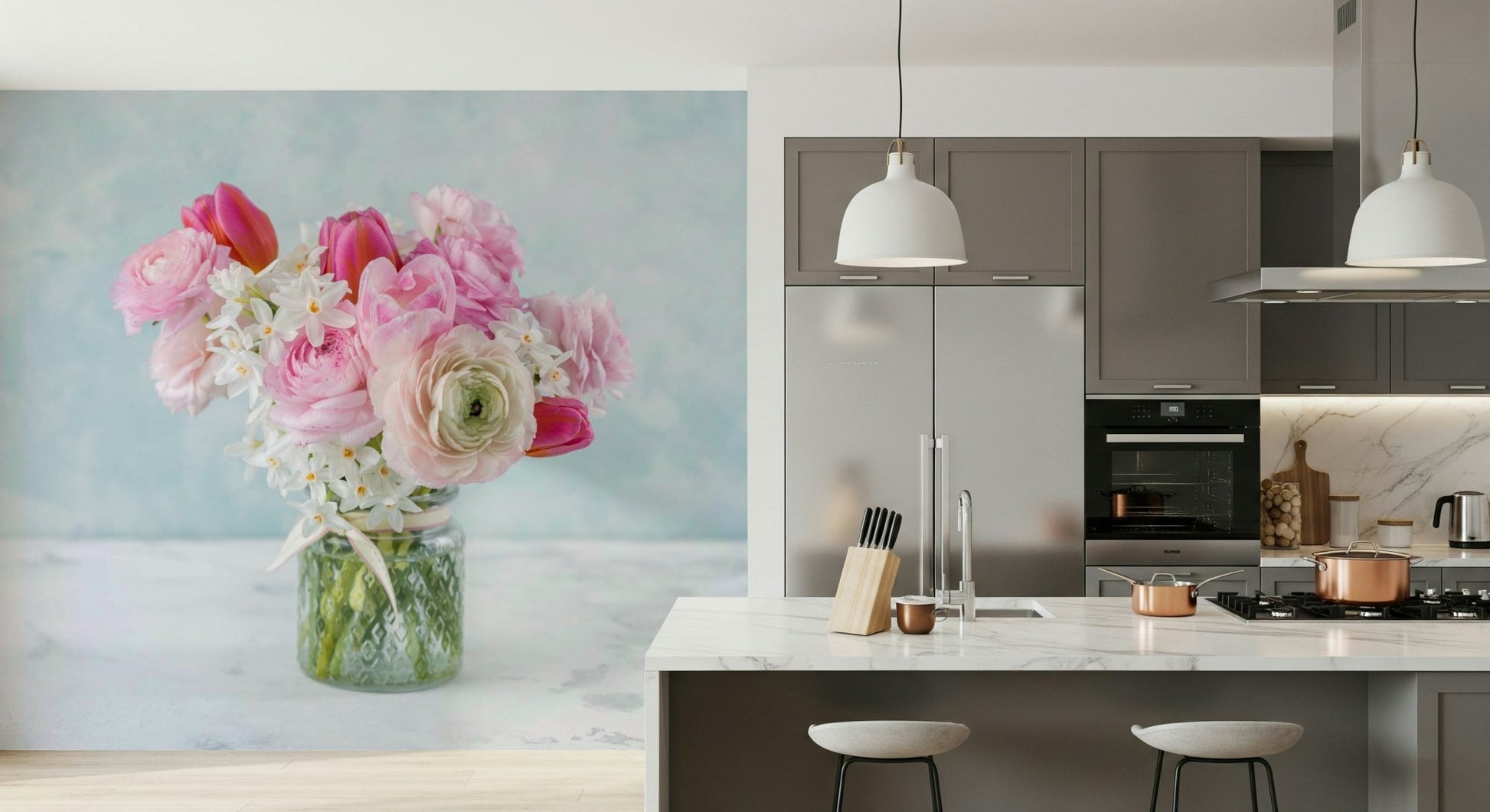Chic floral print wall mural suitable for a feminine studio workspace.