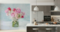 Chic floral print wall mural suitable for a feminine studio workspace.