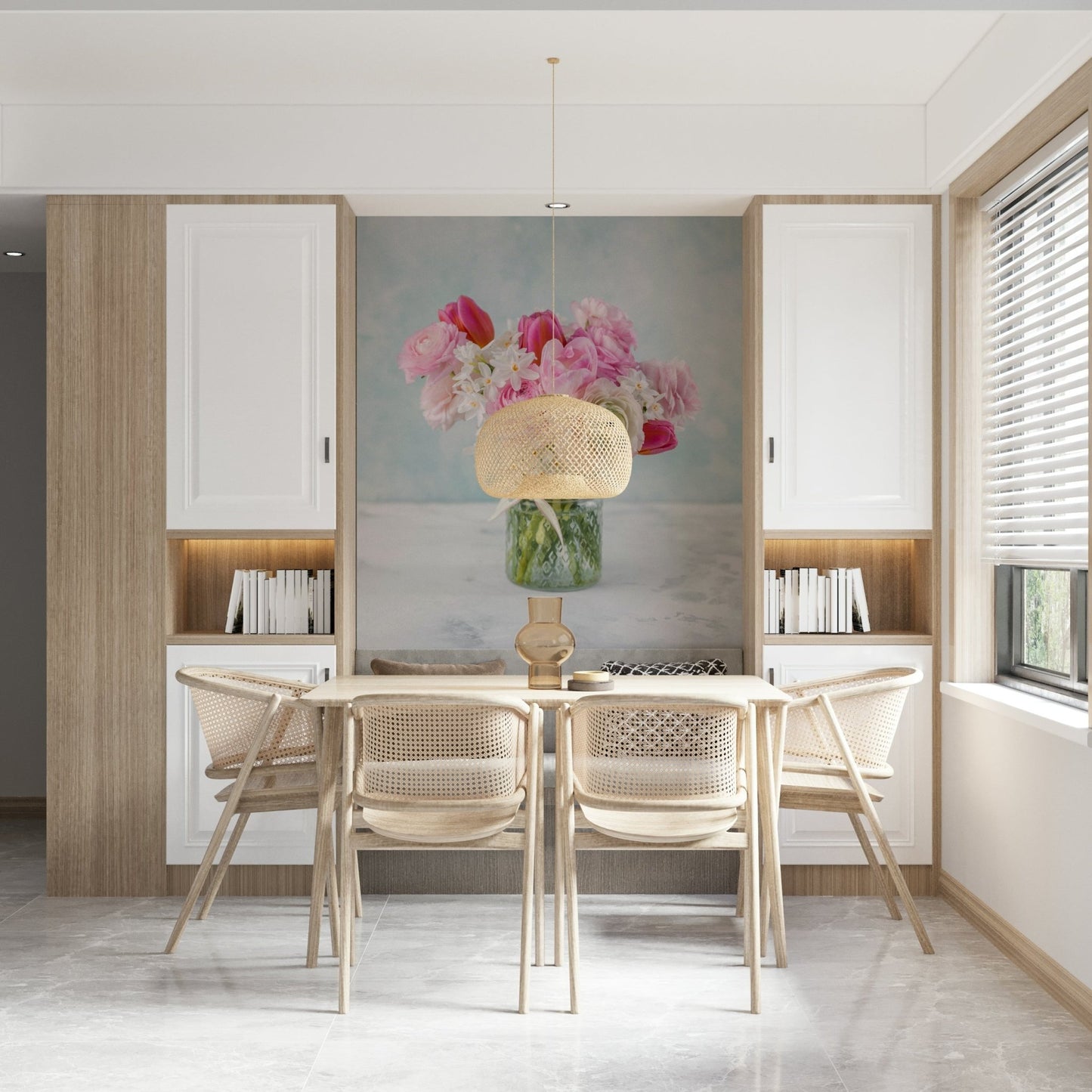 Pink Floral Bloom Wall Mural with delicate petals for a modern living room.
