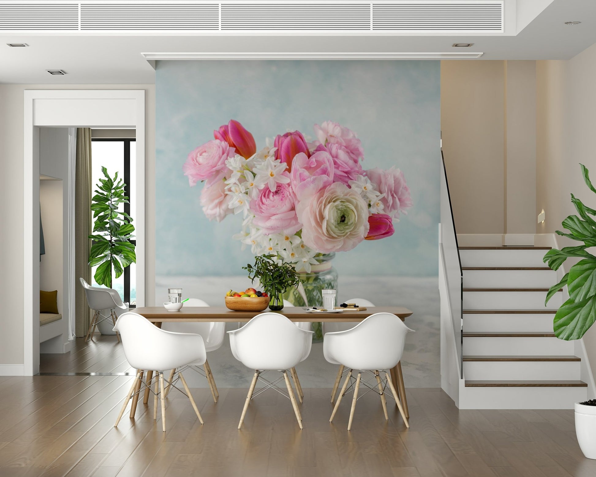 Pink Floral Bloom Wall Mural adds a soft touch to a contemporary dining area.