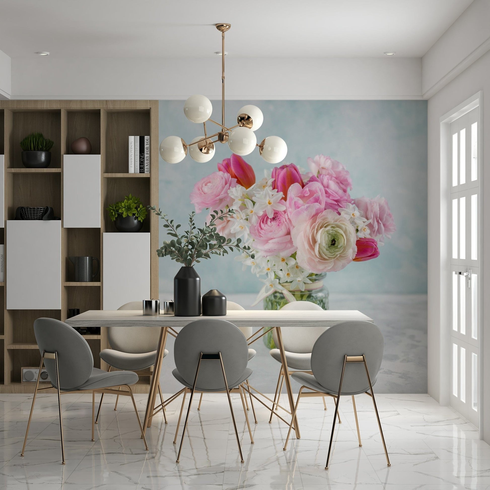 Soft pink flowers wallpaper for a serene master bedroom feature wall.