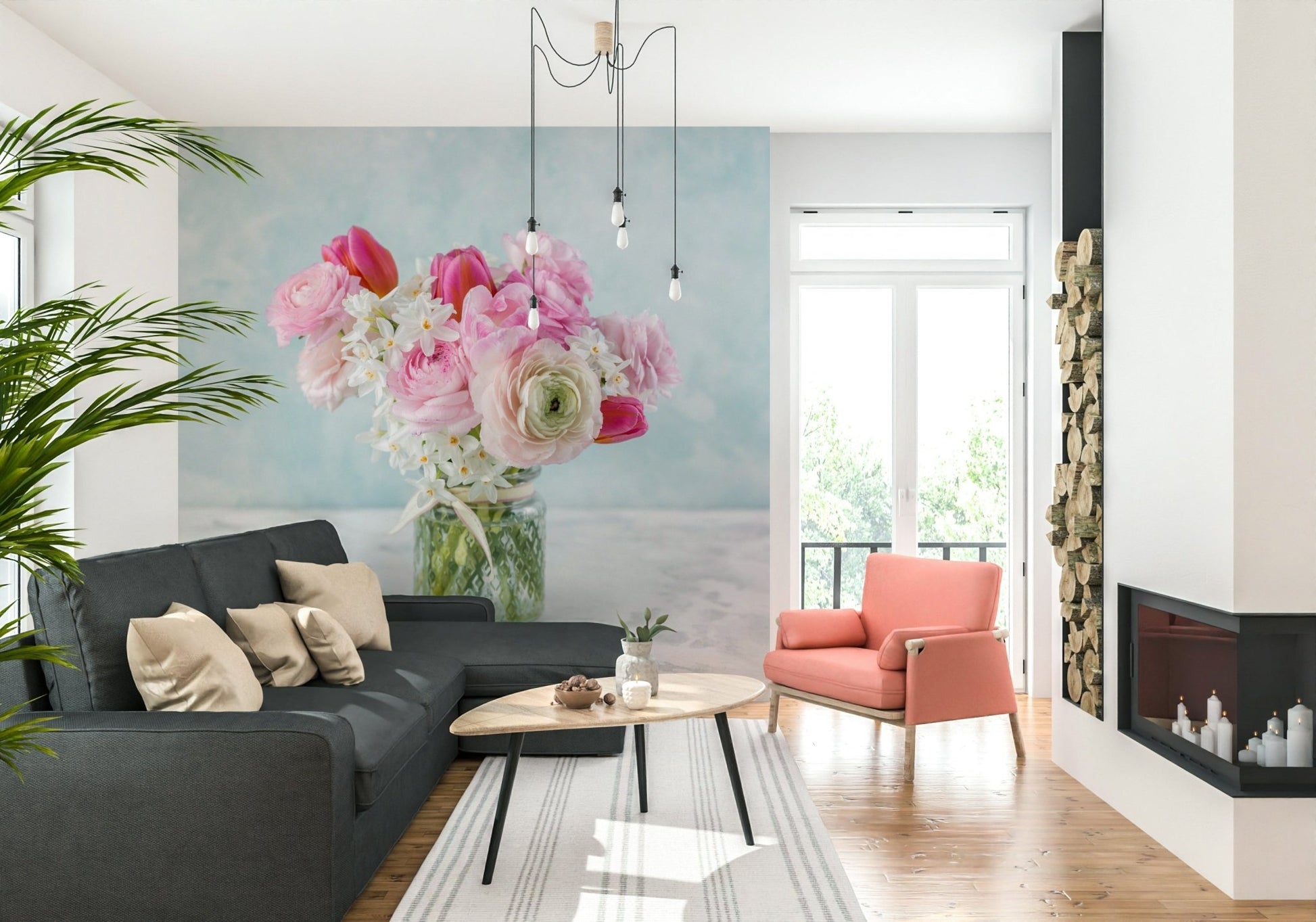 Romantic pink flower wallpaper creates a focal point in a master suite.