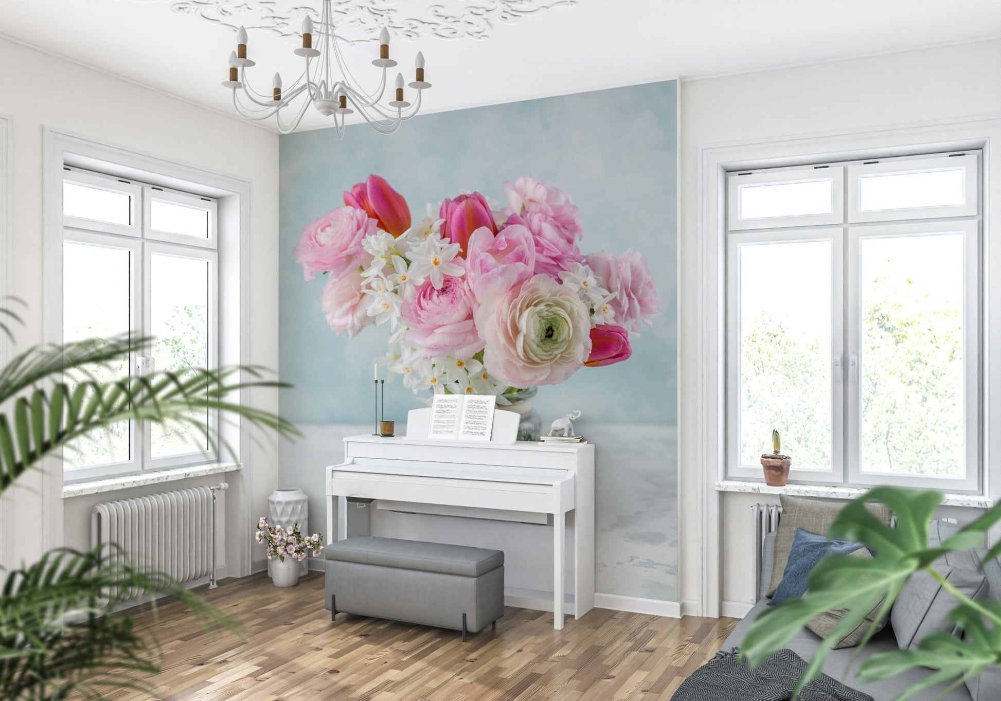 Nature inspired Pink Floral Bloom Wall Mural for an airy apartment lounge.