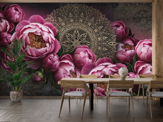 Elegant mandala wallpaper with pink flower accents A634