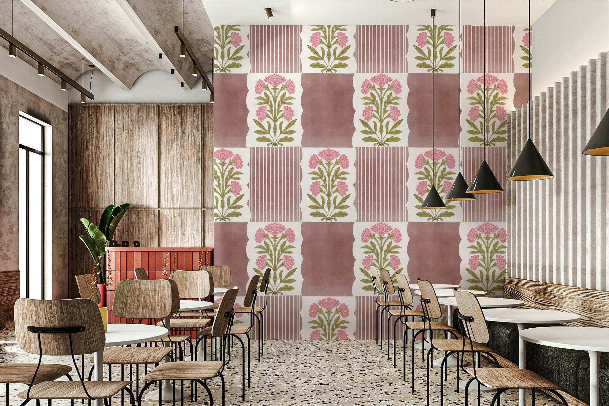 The floral and stripe shapes are a central focus of the image.

