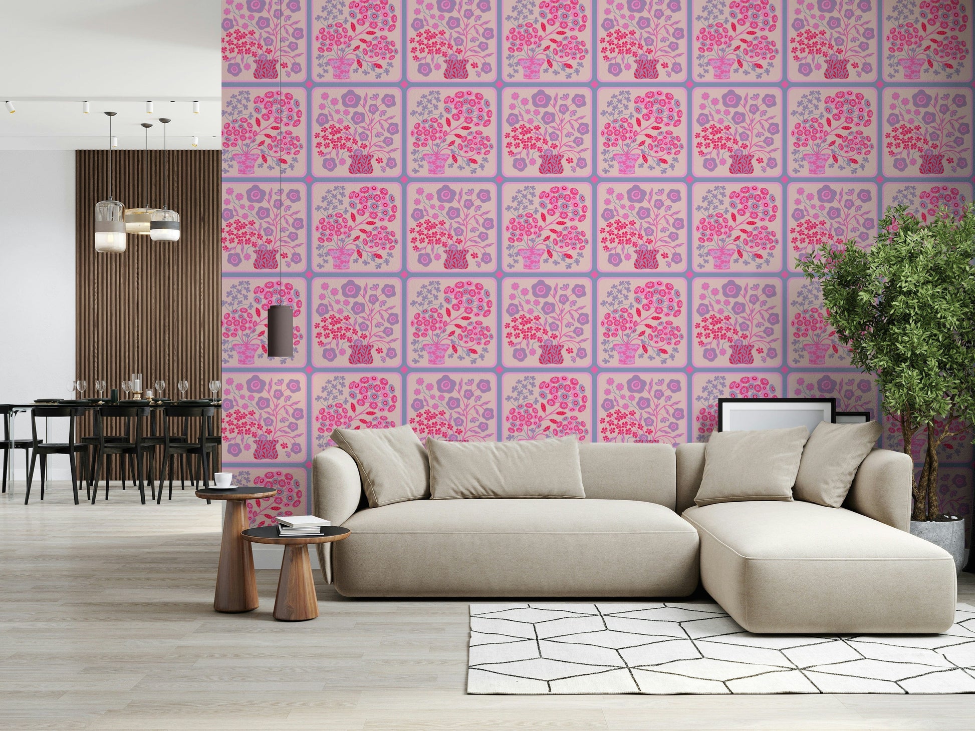 Botanical bouquet tiles floral wallpaper mural in a well-lit lounge