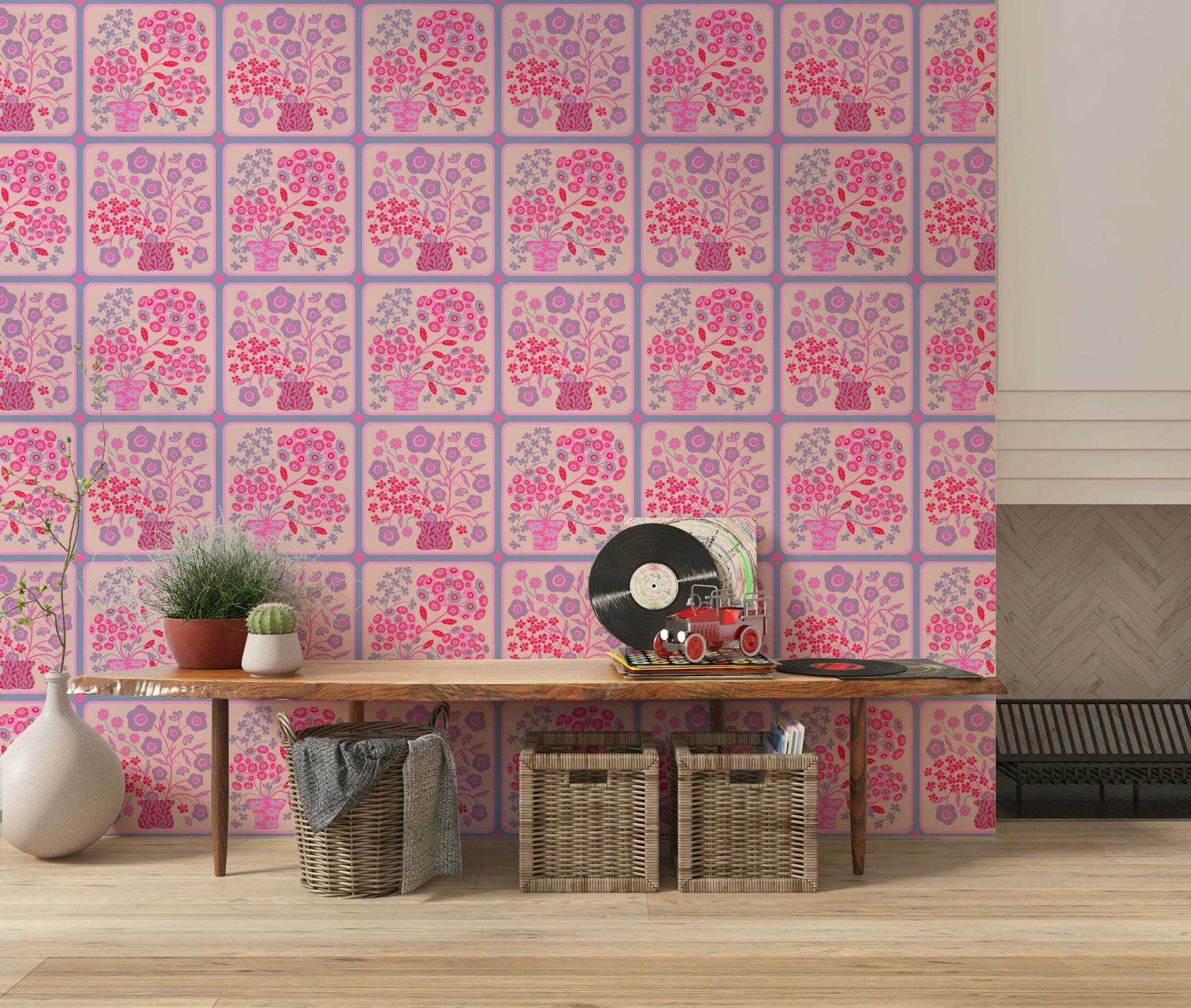 Floral pretty pink tiles wallpaper mural for a guest room feature wall