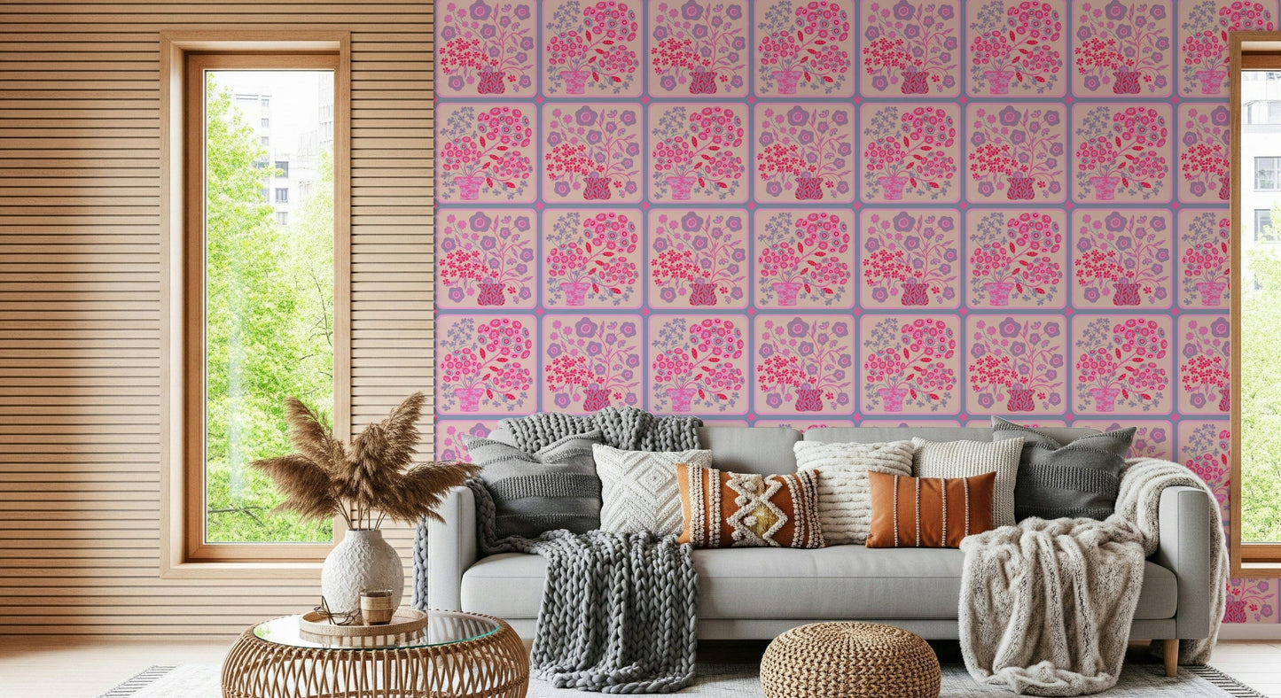 Flower Bouquet Tiles Floral wallpaper mural in a bright fuchsia living room