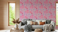 Flower Bouquet Tiles Floral wallpaper mural in a bright fuchsia living room