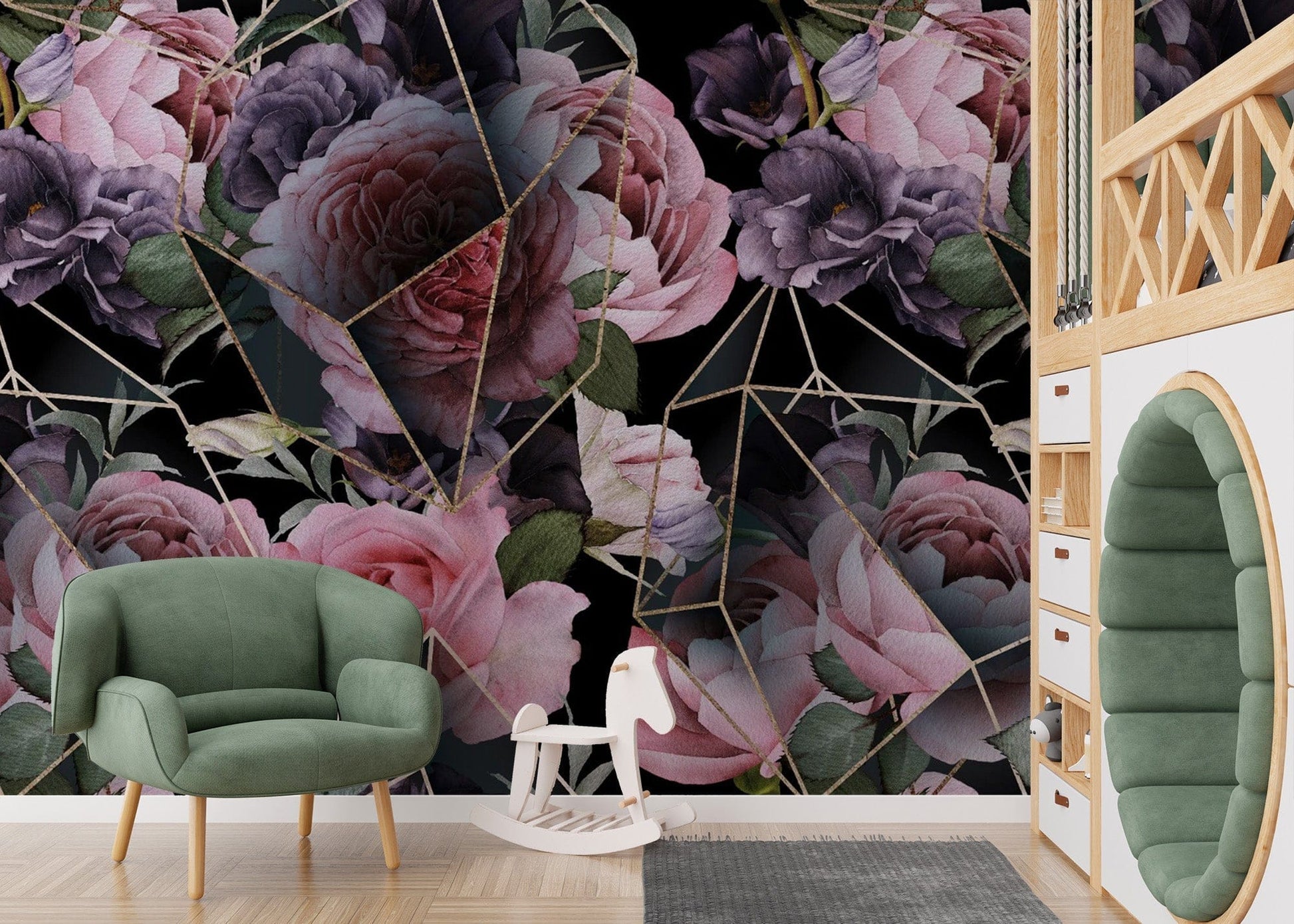 Removable Pink Flowers in Polygons Wallpaper tropical-20