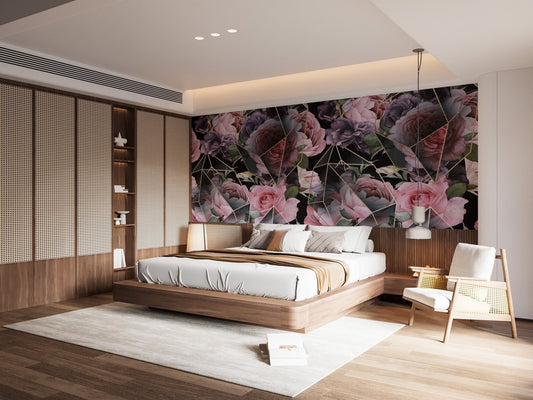 Pink Flowers in Polygons Wallpaper Mural tropical-20