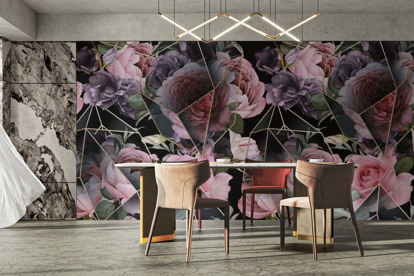 Pink Flowers in Polygons Wallpaper Mural tropical-20