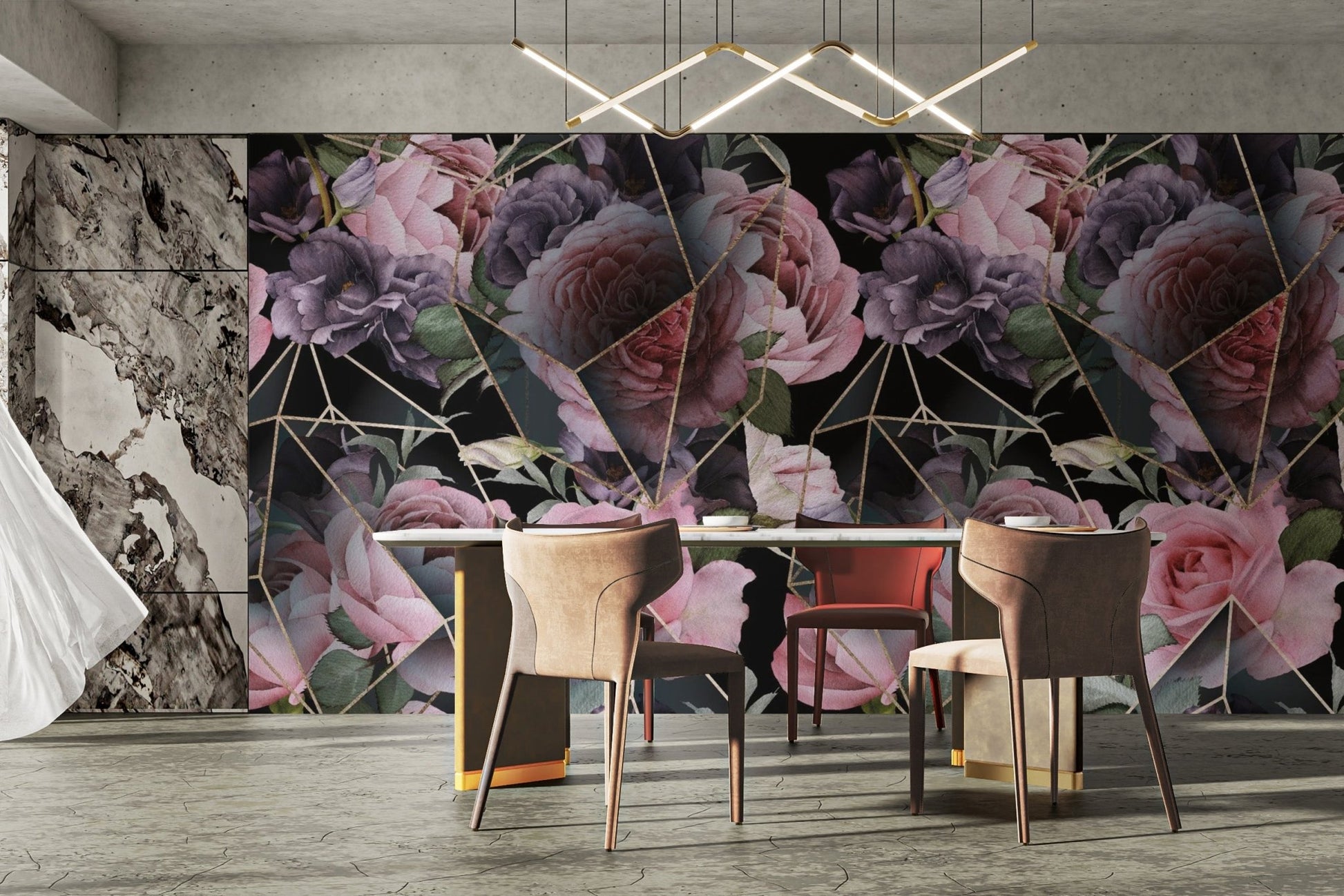 Pink Flowers in Polygons Wallpaper Mural tropical-20