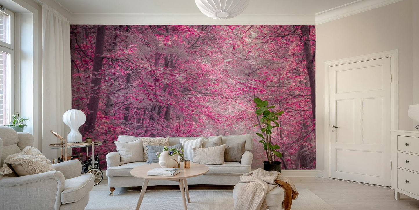 A peaceful wall mural with a pink forest scene.

