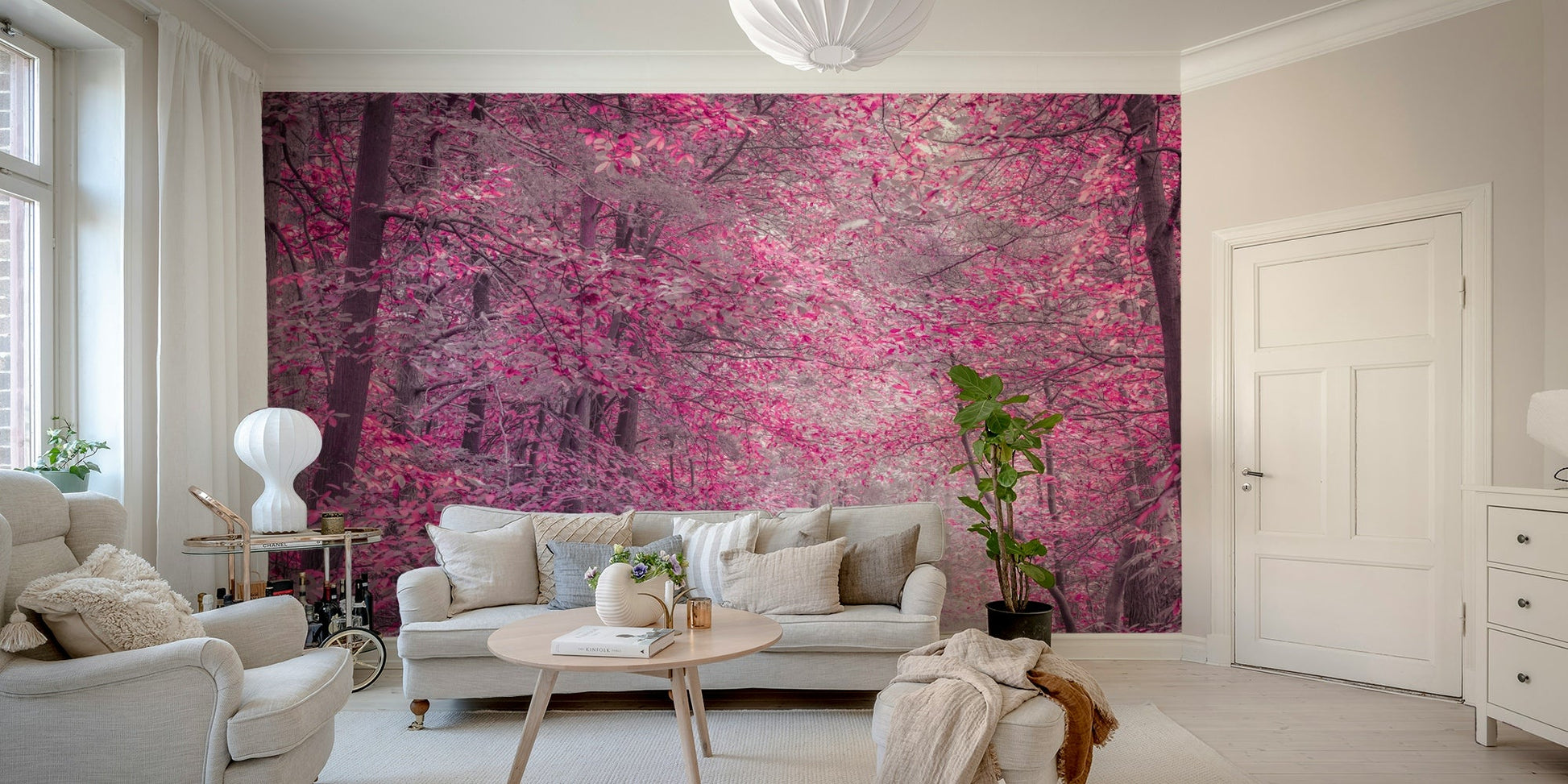 A peaceful wall mural with a pink forest scene.

