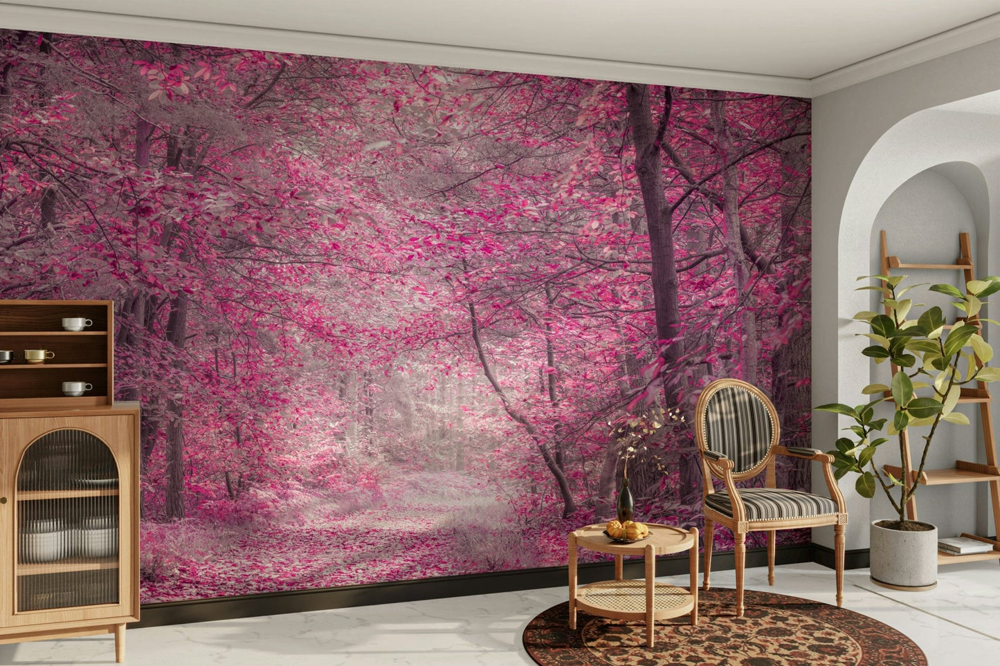 The trees have pink and purple leaves.

