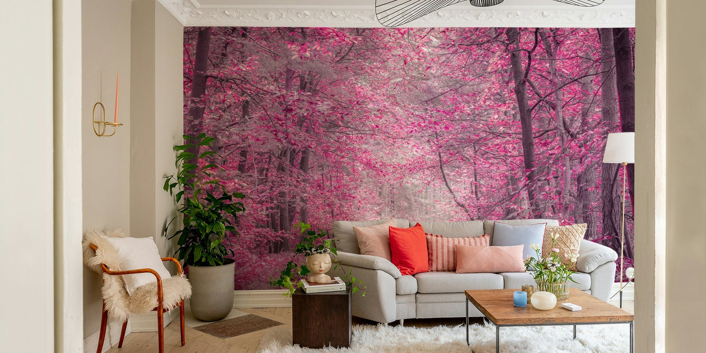 The ground is covered in pink and purple fallen leaves.

