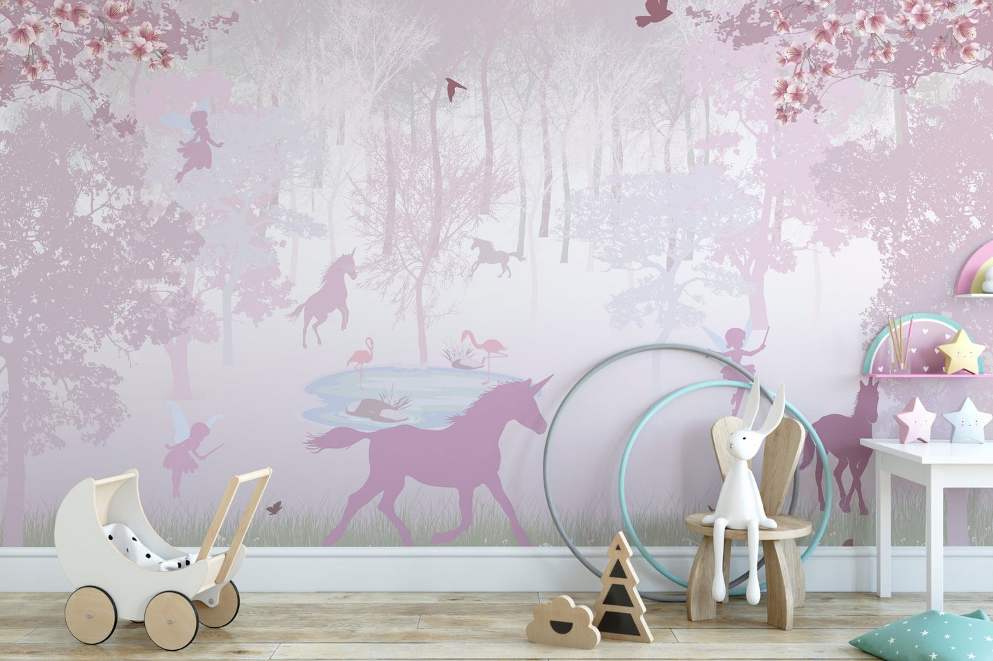 Fairytale pink unicorn mural design

