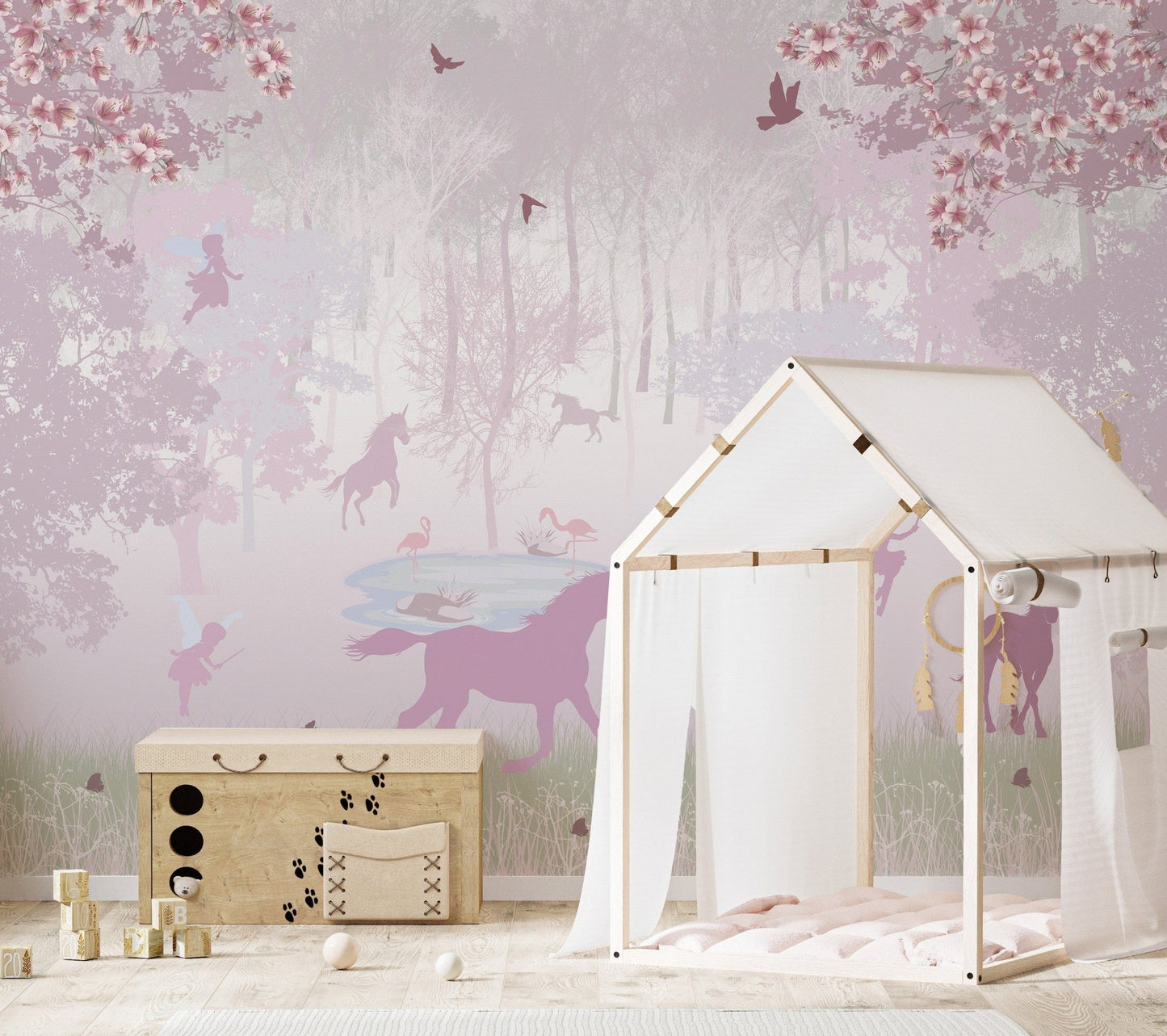 Enchanted forest mural with unicorns
