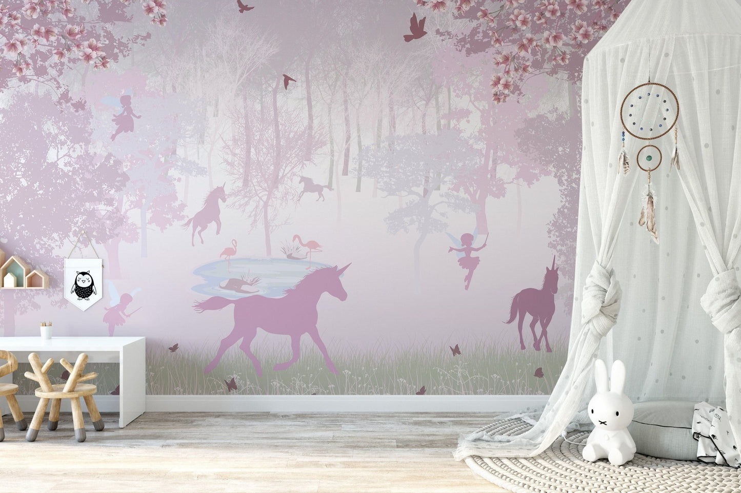 Whimsical forest mural with unicorn vibes
