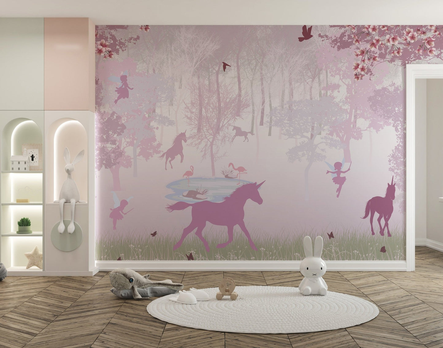 Pink Unicorn in Forest Wallpaper Mural - Giffywalls