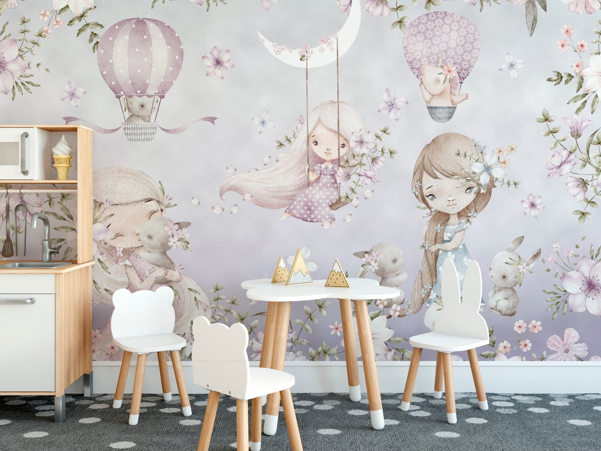 Whimsical pink garden wallpaper for kids' room, C54