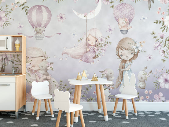 Whimsical pink garden wallpaper for kids' room, C54