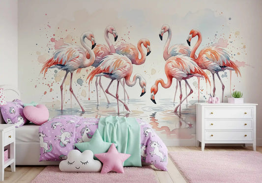 Pink Grace in Watercolors Wall Mural with flamingos in a nursery.