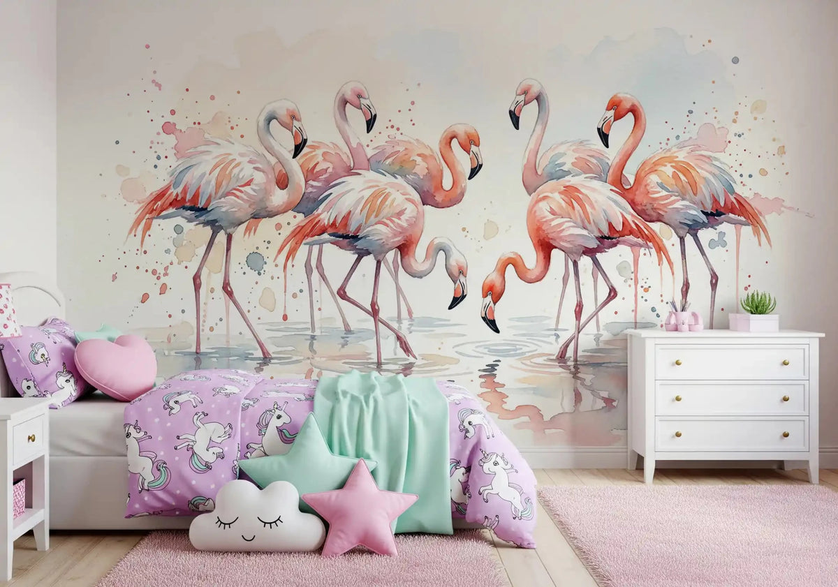 Pink Grace in Watercolors Wall Mural with flamingos in a nursery., GD8982