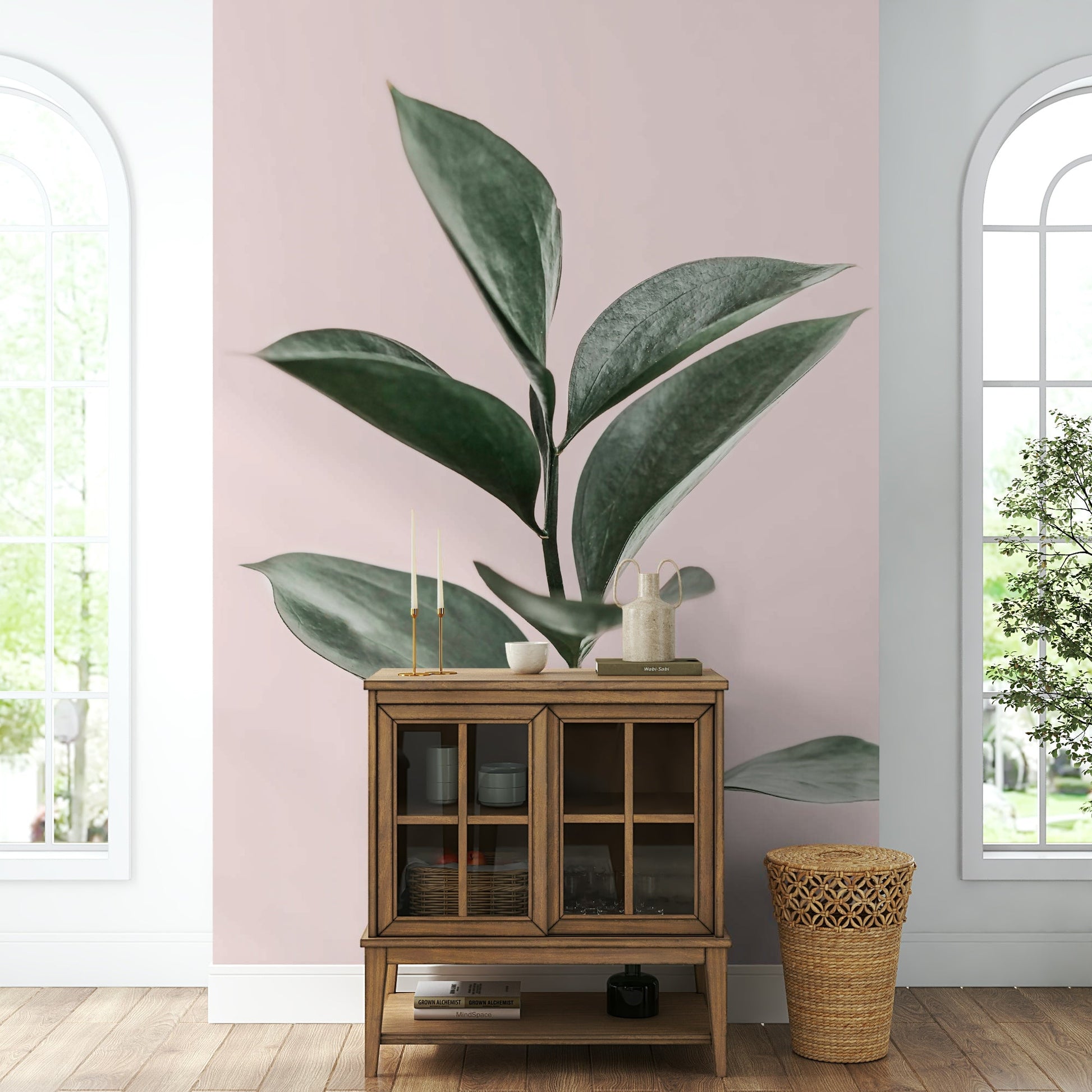 Nature-inspired mural with pink flowers and green leaves

